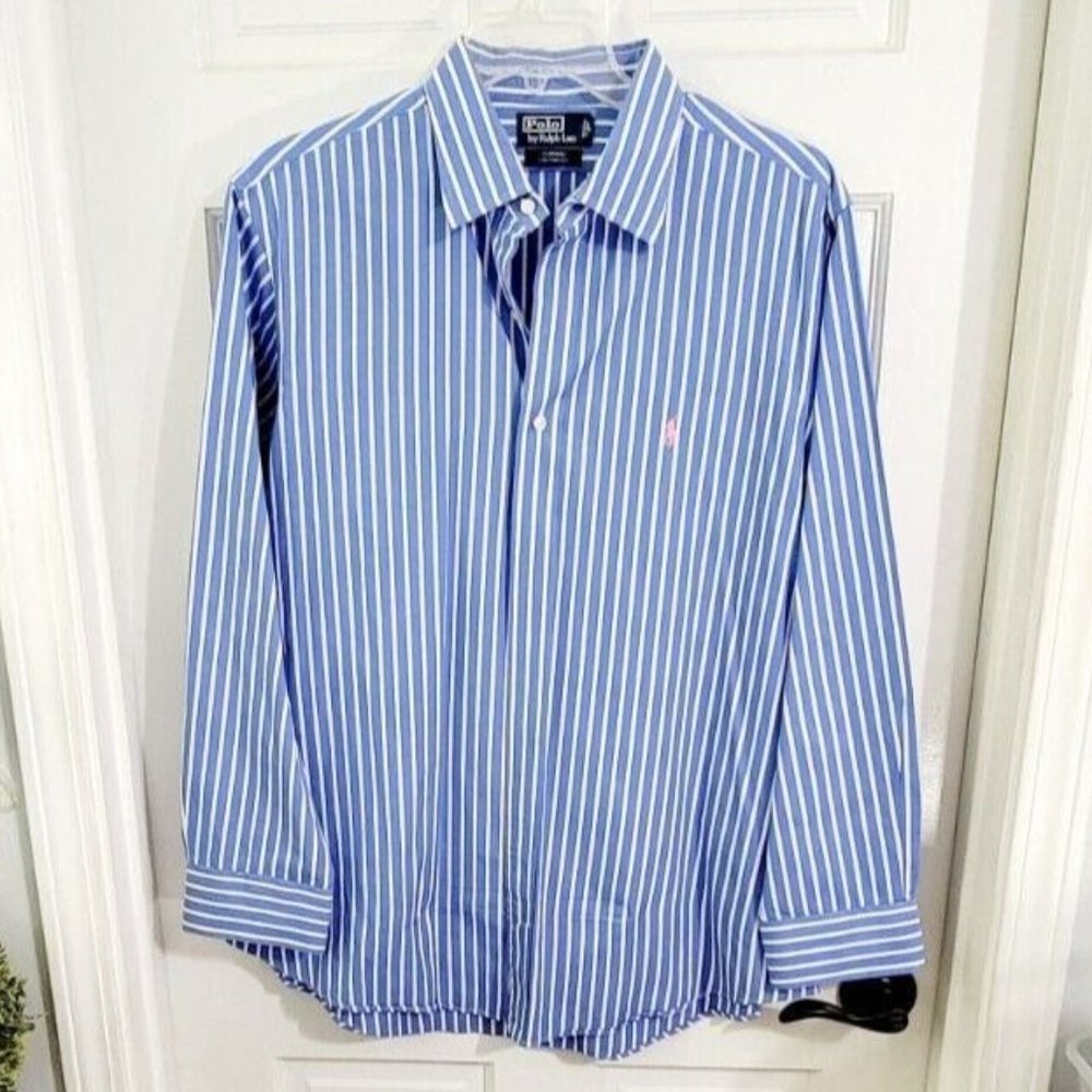 Polo by Ralph Lauren Men's Button Down Shirt Curham Custom Fit Stripe Blue 34/35